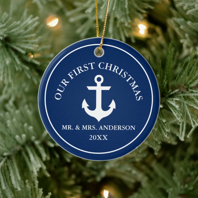 Nautical Anchor Unser erstes Weihnachtsblau Keramik Ornament (Baum)