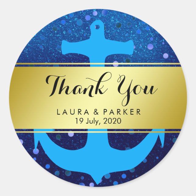Nautical Anchor Vielen Dank Wedding Blue Confetti Runder Aufkleber (Vorderseite)
