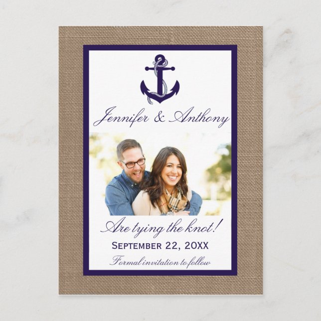 Nautical Anchor Wedding Foto Save the Date Ankündigungspostkarte (Vorderseite)