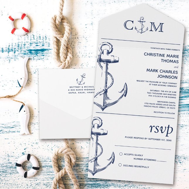Nautical Anchor Wedding White All In One Einladung (Von Creator hochgeladen)