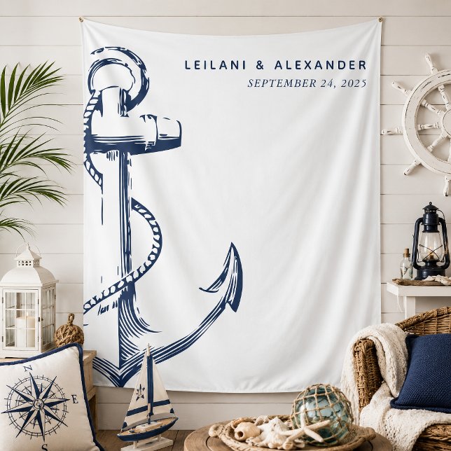 Nautical Anchor Wedding White Wandteppich (Nautical anchor wedding backdrop that is modern and simple for a classic beach reception.)
