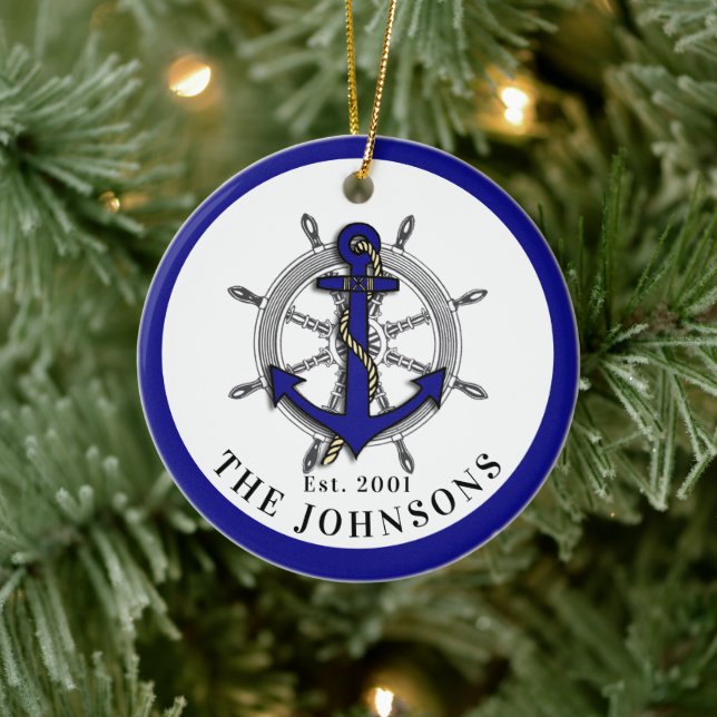 Nautical Anchor Wheel Navy Blue Metal Ornament (Baum)