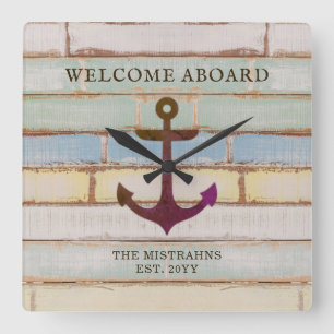 Nautical Anchor Wood Willkommen auf dem Schiff Nam Quadratische Wanduhr