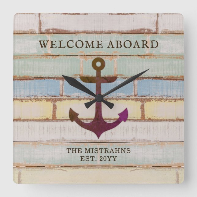 Nautical Anchor Wood Willkommen auf dem Schiff Nam Quadratische Wanduhr (Vorderseite)