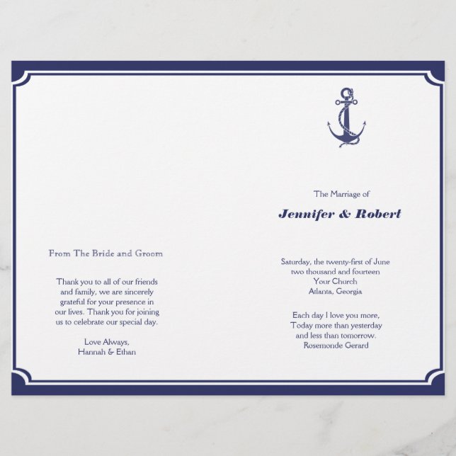 Nautical Anchor zum Hochzeitsprogramm der Marine (Vorderseite)