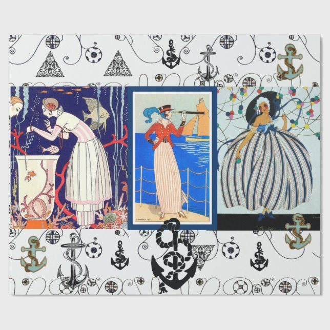 NAUTICAL ART DECO SCHÖNHEIT MIT ANKERN GESCHENKPAPIER (Flach)