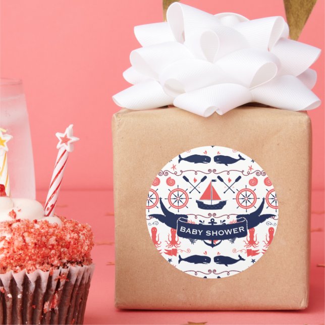 Nautical Baby Boy Shower Coral Navy Whale Octopus Runder Aufkleber (Party)