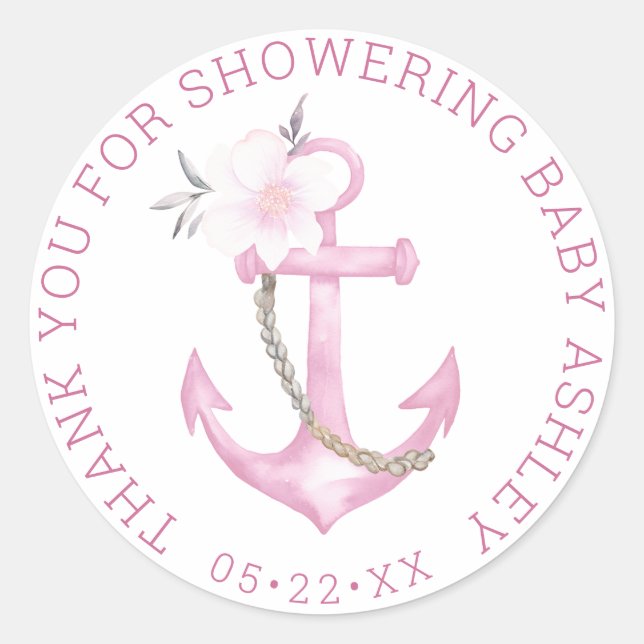 Nautical Baby Dusche Vielen Dank Sticker | Rosa Fl (Vorderseite)