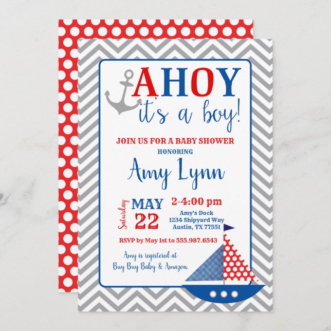 Nautical Baby Shower Einladung Ahoy sein a Boy (Vorne/Hinten)