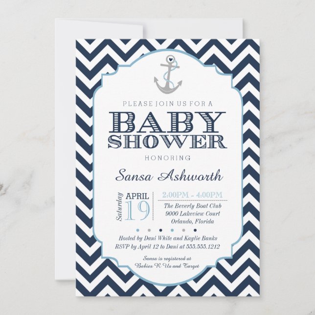 Nautical Baby Shower Einladung, Zickzack Junge bla Einladung (Vorderseite)