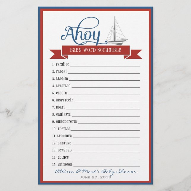 Nautical Baby Shower Game - Baby Word Scramble (Vorderseite)