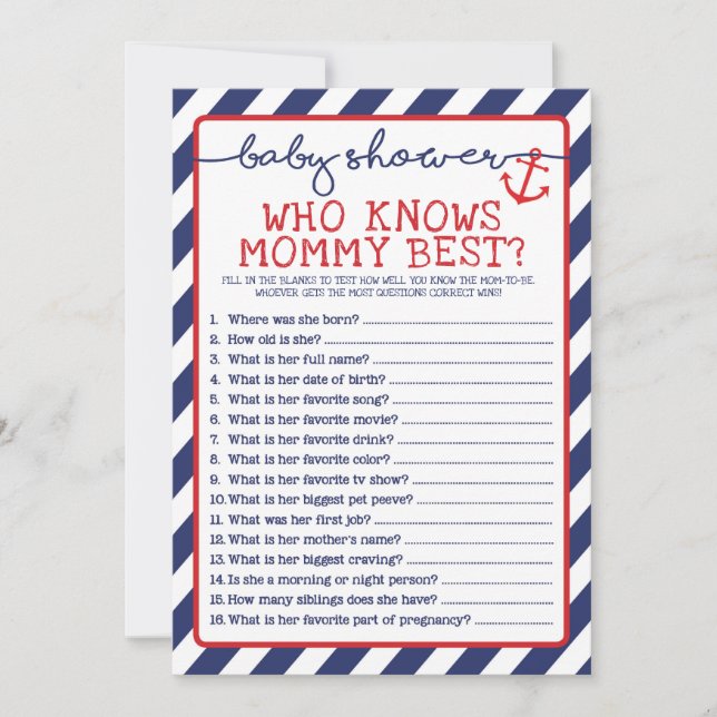 Nautical Baby Shower Game, das Mommy Best kennt Einladung (Vorderseite)