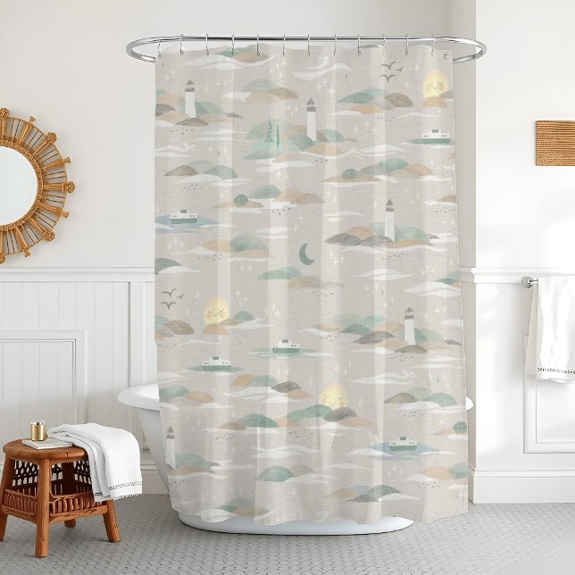 Nautical Bath Seattle Ferry Neutral Lighthouse Duschvorhang (PNW-inspired shower curtain with ferries, evergreens & lighthouses in soft greige-green tones.)