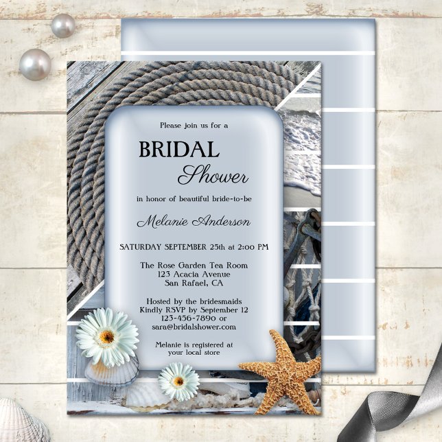 Nautical Beach Boho Blue Bridal Dusche Einladung (Dusty blue bridal shower invitation showing a nautical design with ropes, starfish and shells)