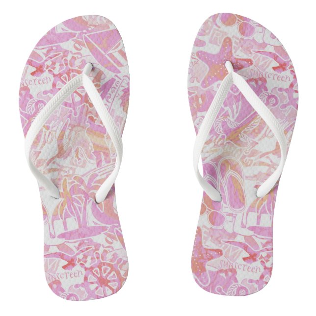 Nautical Beach Collage Hot Pink ID840 Flip Flops (Fußbett)