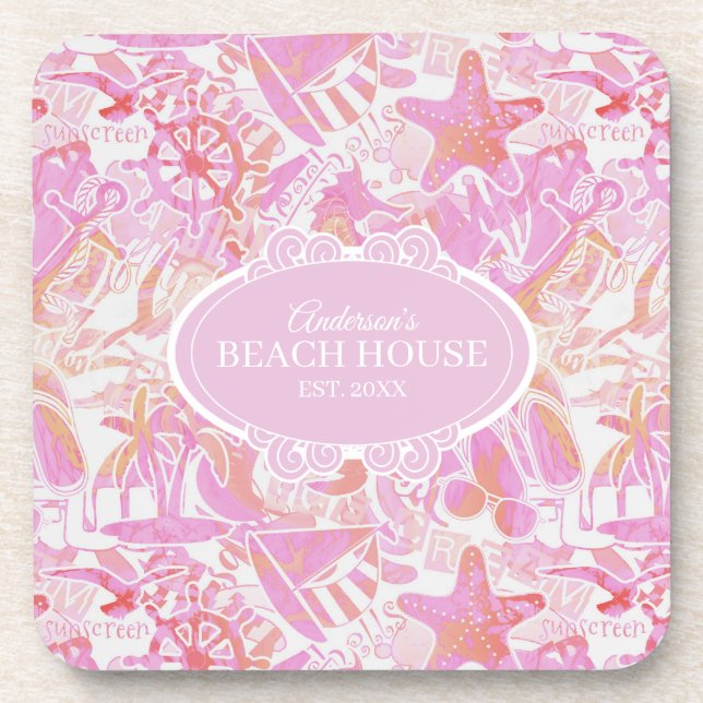 Nautical Beach Collage Hot Pink ID840 Getränkeuntersetzer (Vorderseite)