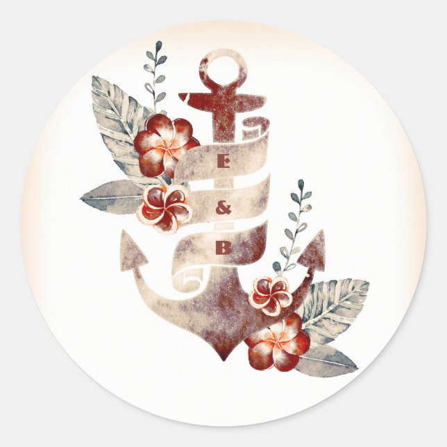 Nautical Beach Floral Anchor Wedding Siegel Runder Aufkleber (Vorderseite)