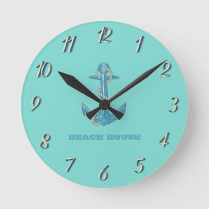 Nautical Beach House,Anchor,Rope,Mint Green  Runde Wanduhr