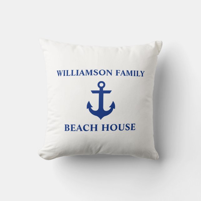 Nautical Beach House Familienname Anchor White Kissen (Vorderseite)