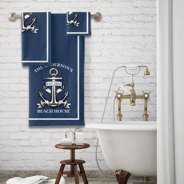 Nautical Beach House Familienname Est Ship Anchor Badhandtuch Set (Nautical Beach House Family Name Est Ship Anchor Bath Towel Set)