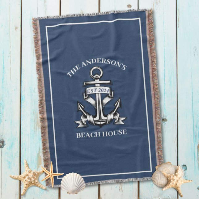 Nautical Beach House Familienname Est Ship Anchor Decke (Nautical Beach House Family Name Est Ship Anchor Throw Blanket)