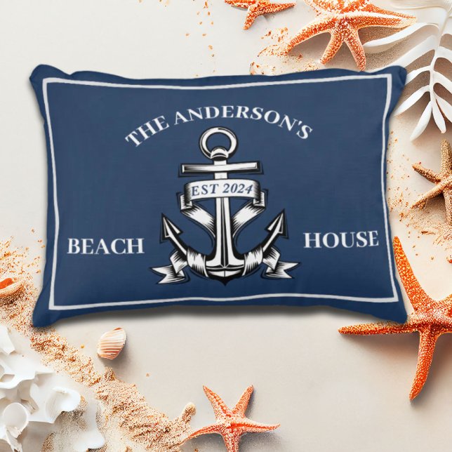Nautical Beach House Familienname Est Ship Anchor Dekokissen (Nautical Beach House Family Name Est Ship Anchor Accent Pillow)
