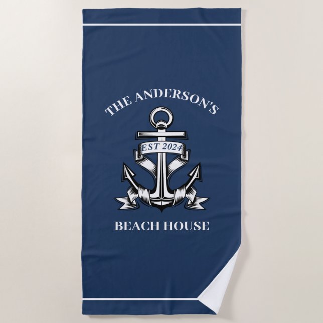 Nautical Beach House Familienname Est Ship Anchor Strandtuch (Vorderseite)