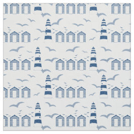 Nautical Beach Huts und Lighthouses Blue White Stoff