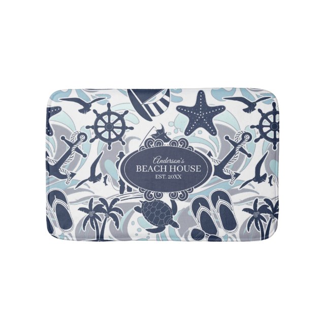Nautical Beach Pattern Navy ID839 Badematte (Vorderseite)