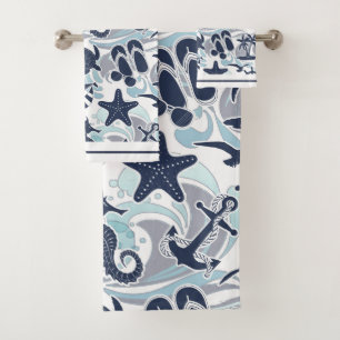 Nautical Beach Pattern Navy ID839 Badhandtuch Set