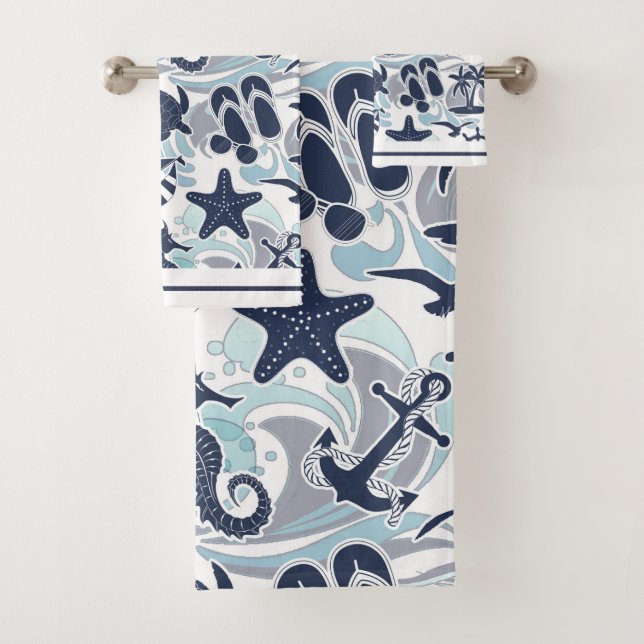 Nautical Beach Pattern Navy ID839 Badhandtuch Set (Insitu)