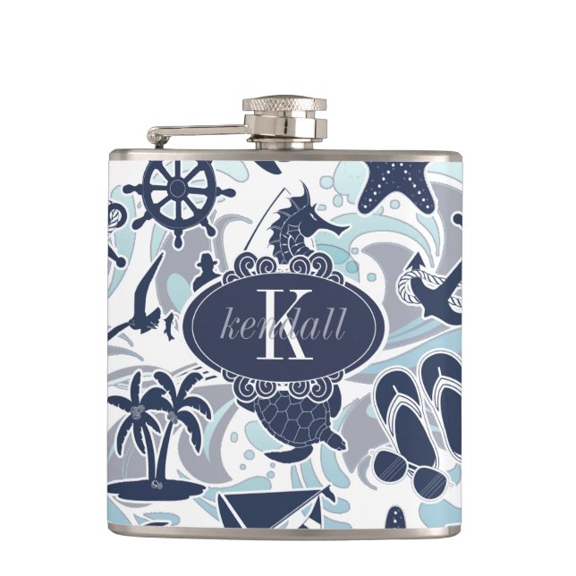 Nautical Beach Pattern Navy ID839 Flask Flachmann (Vorderseite)