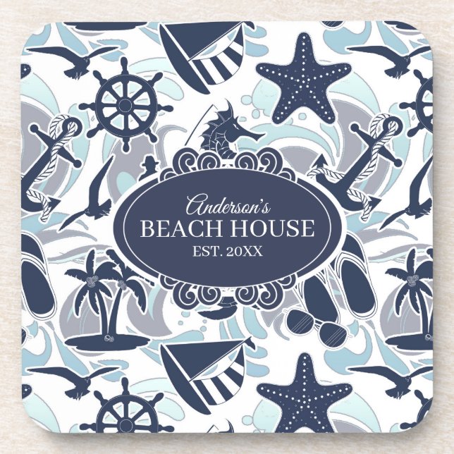 Nautical Beach Pattern Navy ID839 Getränkeuntersetzer (Vorderseite)