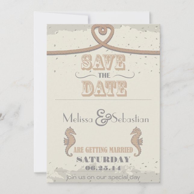 Nautical Beach Sand Herzknot Save the Date (Vorderseite)