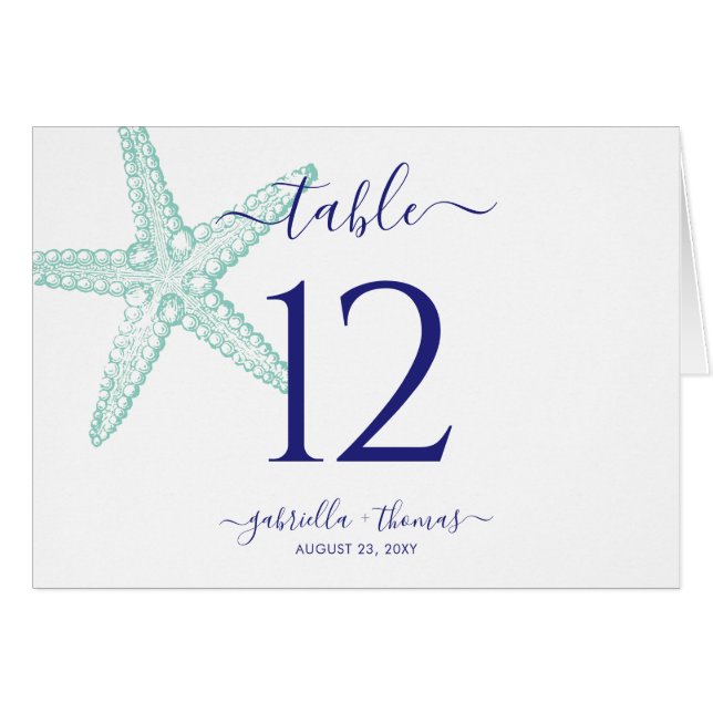 Nautical Beach Starfish Aquamarin Blue Tischnummer (Vorderseite (Horizontal))