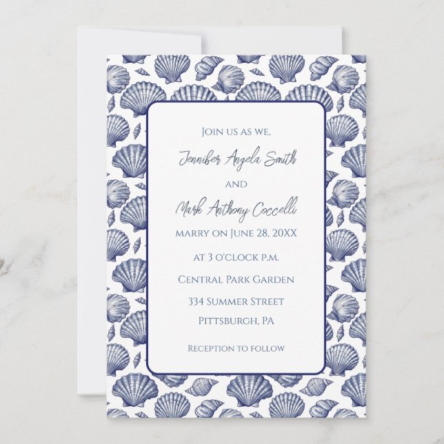Nautical Beach Thema Hochzeit Einladung Seashells (Vorderseite)