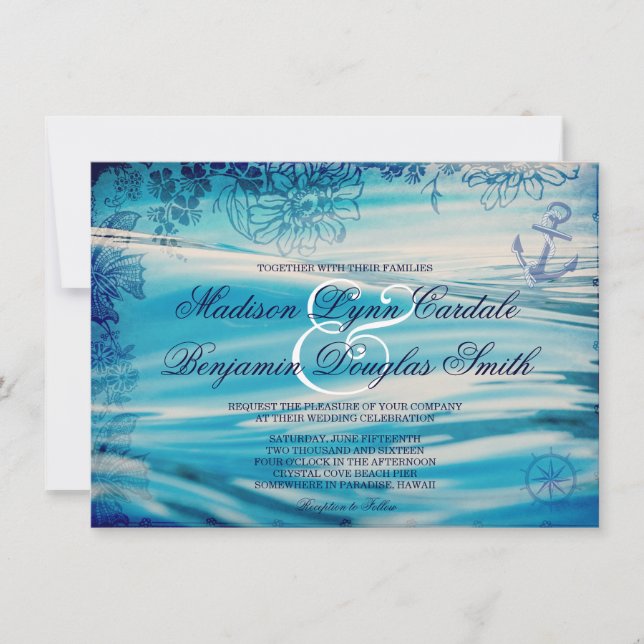 Nautical Beach Thema Ocean Blue Wedding Einladung (Vorderseite)