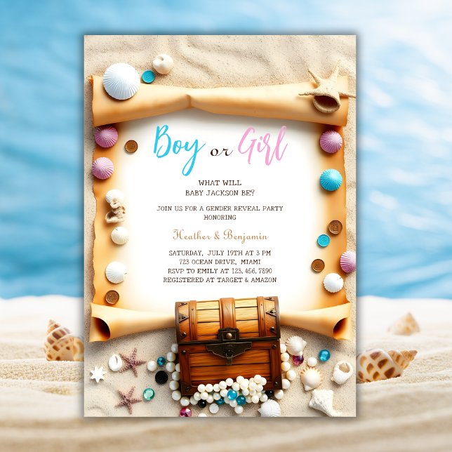 Nautical Beach Treasure Chest Gender Reveal Party Einladung (Nautical Beach Treasure Chest Gender Reveal Party Invitation)