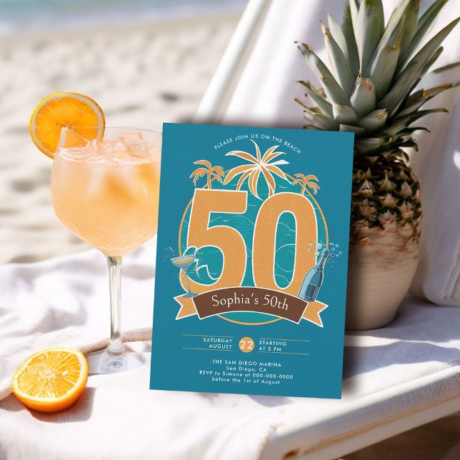 Nautical Beach Tropical Blue 50. Geburtstag Einladung (nautical birthday invitation 50th for her women tropical modern sleek elegant classy blue orange)