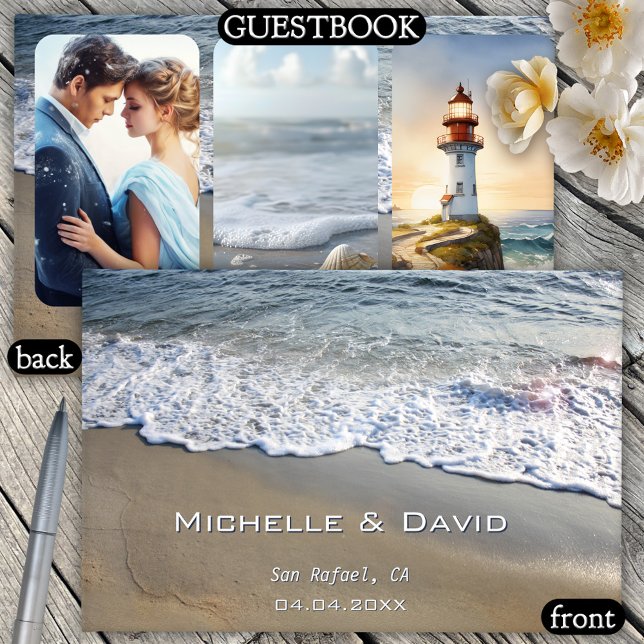 Nautical Beach Wedding Foto Gästebuch (A pretty wedding guest book featuring waves crashing on the beach with custom photos on the back)