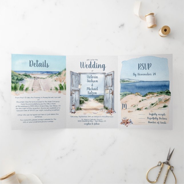 Nautical Beach Wedding Tri-Fold Einladung (Innenseite)