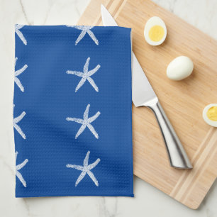 Nautical Beach White Starfish Patterns Deep Blue Geschirrtuch