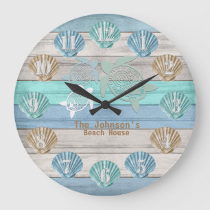 Nautical Beach Wood with Turtles & Shells Große Wanduhr