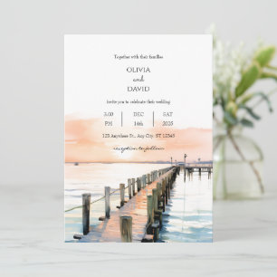 Nautical Beachside Orange Sky Sunset Pier Wedding Einladung