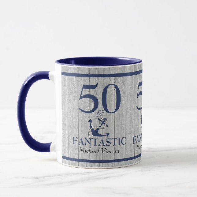 Nautical Birthday 50 und Fantastic Navy Blue Gray Tasse (Links)