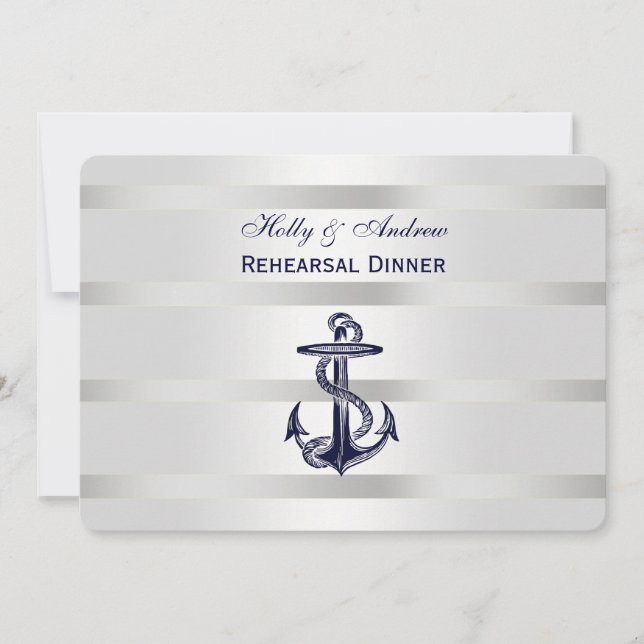 Nautical Blu Anchor Silver Wht BG H Probe Din Einladung (Vorderseite)