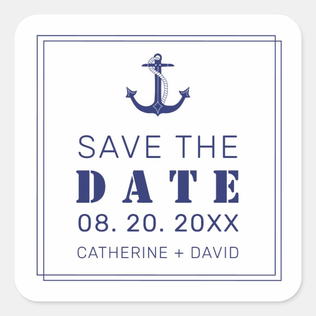 Nautical Blue Anchor Elegant Wedding Save the Date Quadratischer Aufkleber (Vorderseite)