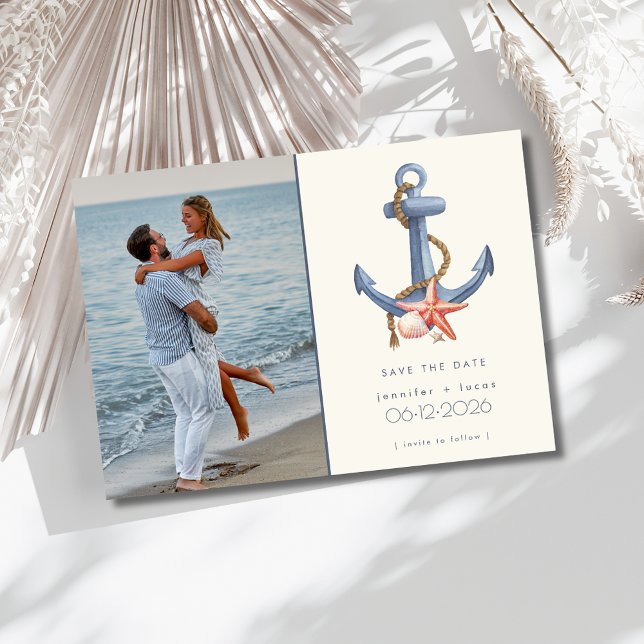 Nautical Blue Anchor Foto Beach Hochzeit Save The Date (Nautical Blue Anchor Photo Beach Wedding Save The Date)