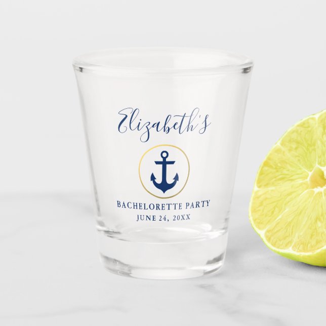 Nautical Blue Anchor Gold Ring Junggeselinnen-Absc Schnapsglas (Vorderseite)