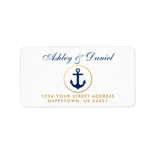 Nautical Blue Anchor Gold Ring Wedding Address Adressaufkleber